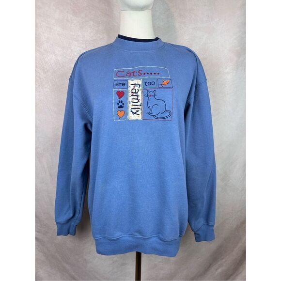 Vintage 90s Y2K Embroidered Cat Crewneck Sweatshirt Kitty Size Medium - Picture 1 of 7